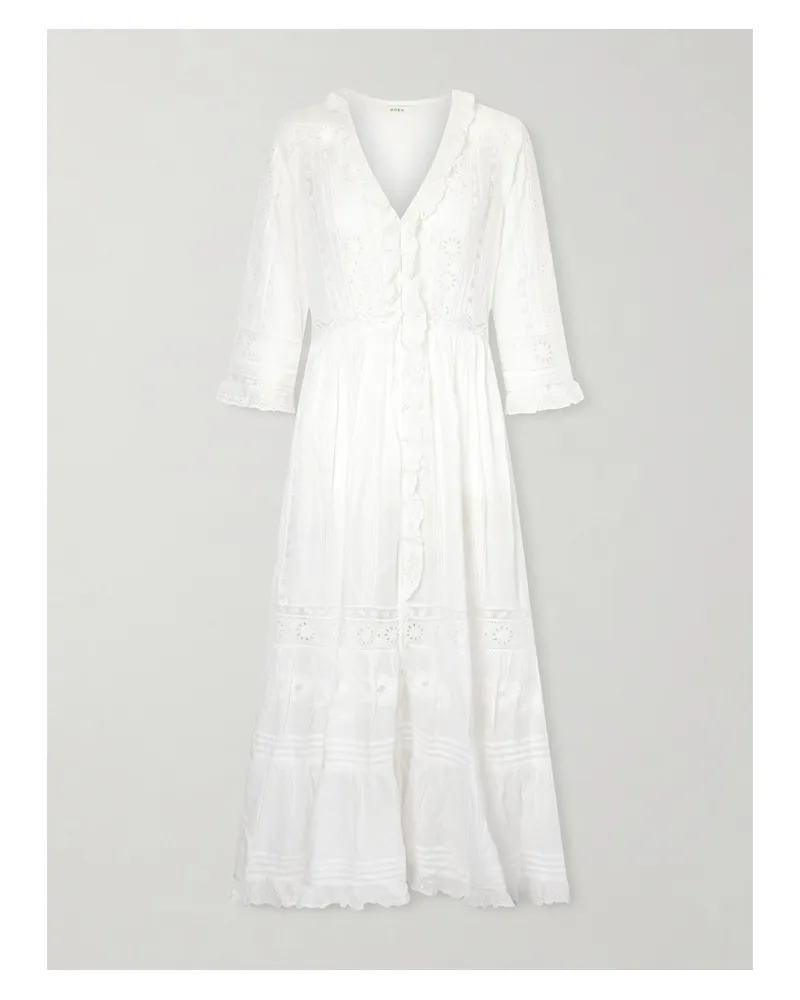 DÔEN Clemencia Midikleid Aus Biobaumwoll-voile Mit Rüschen Und Spitzenbesätzen - Weiß Weiß