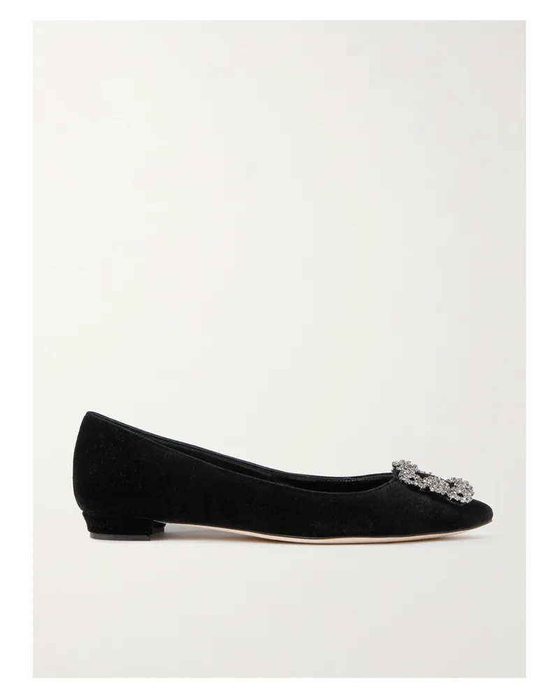 Manolo Blahnik Hangisiflat Embellished Velvet Point-toe Flats - Black Black