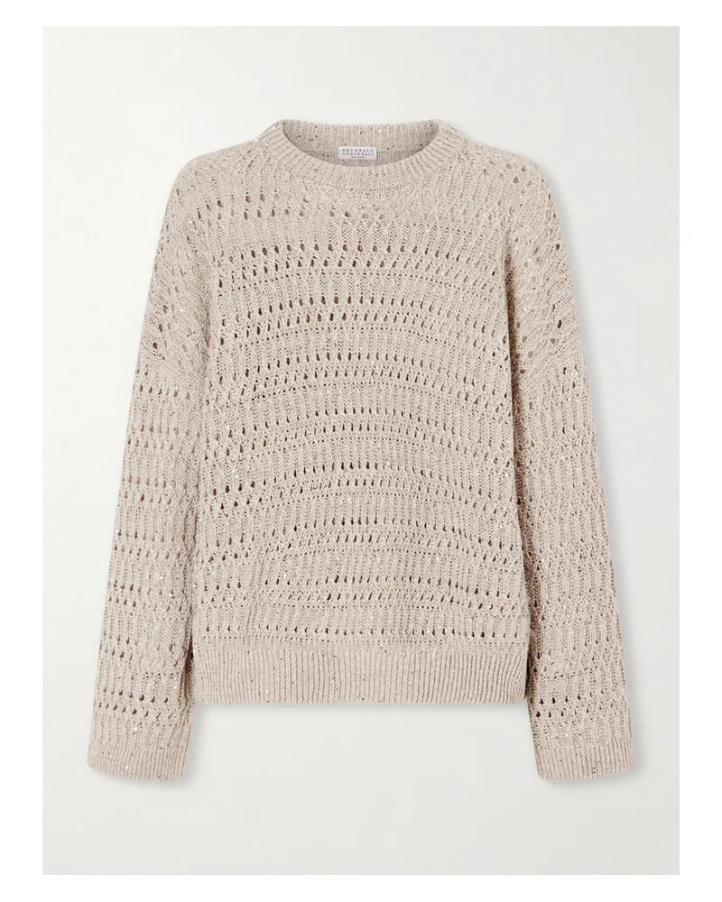 Brunello Cucinelli Sequined Open-knit Linen-blend Sweater - Neutrals Neutrals