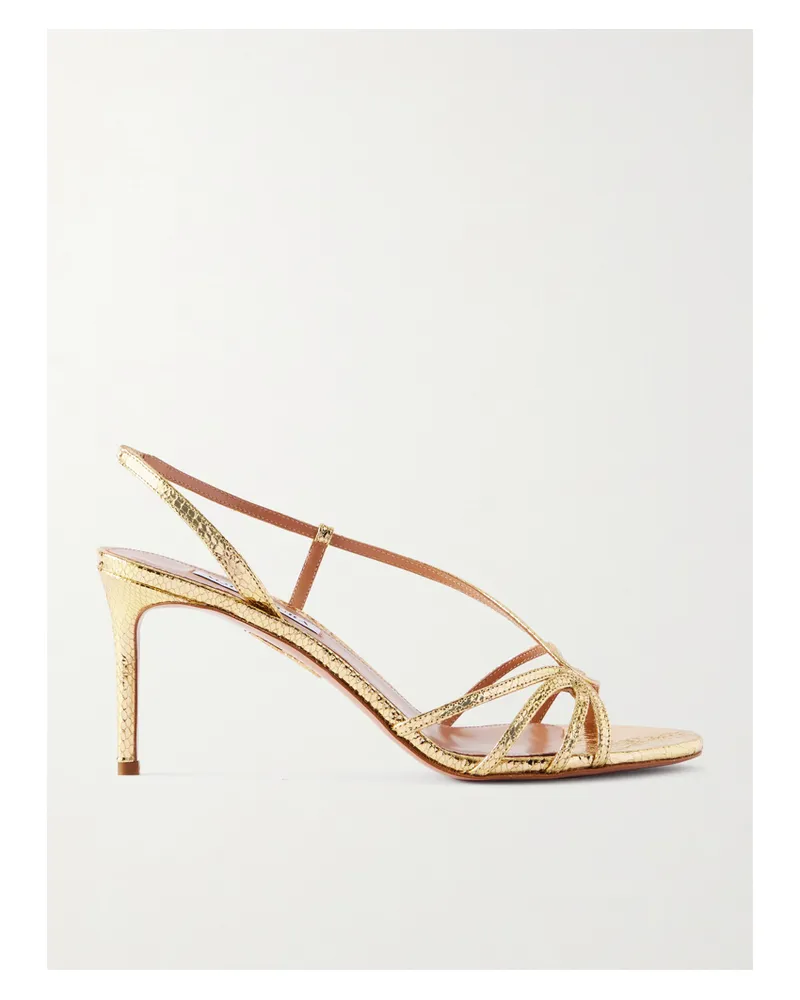 Aquazzura Talk To Me 75 Slingback-sandalen Aus Metallic-leder Mit Schlangeneffekt - Gold Gold
