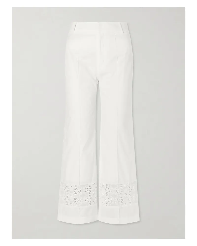 DESTREE Yoshitomo Broderie Anglaise-trimmed Cotton-poplin Straight-leg Pants - White White