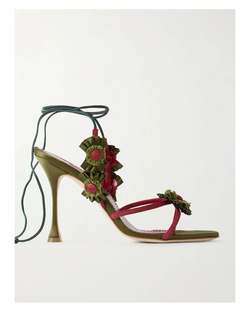 Manolo Blahnik Palissot Leather-trimmed Appliquéd Grosgrain And Satin Sandals - Green Green