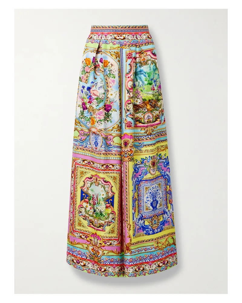 Camilla Hose Mit Weitem Bein Aus Bedrucktem Seiden-twill Mit Kristallen Und Falten - Mehrfarbig Mehrfarbig