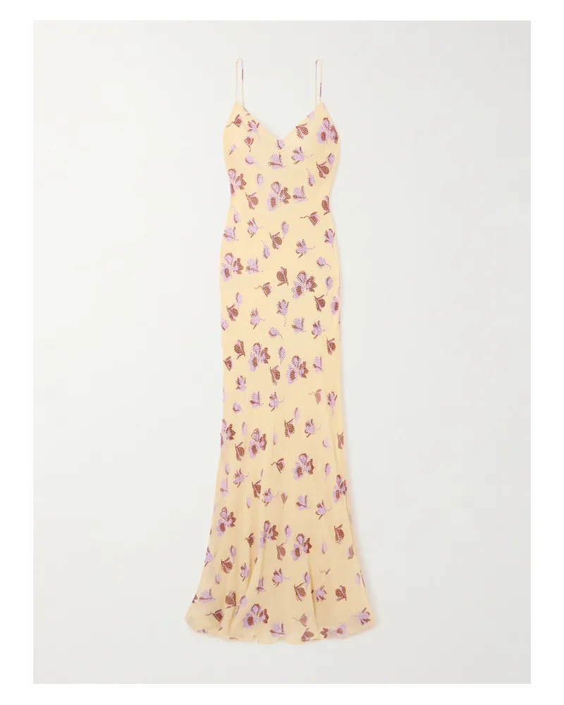 Self-Portrait Maxikleid Aus Seiden-georgette Mit Blumenprint Und Kristallen - Gelb Gelb