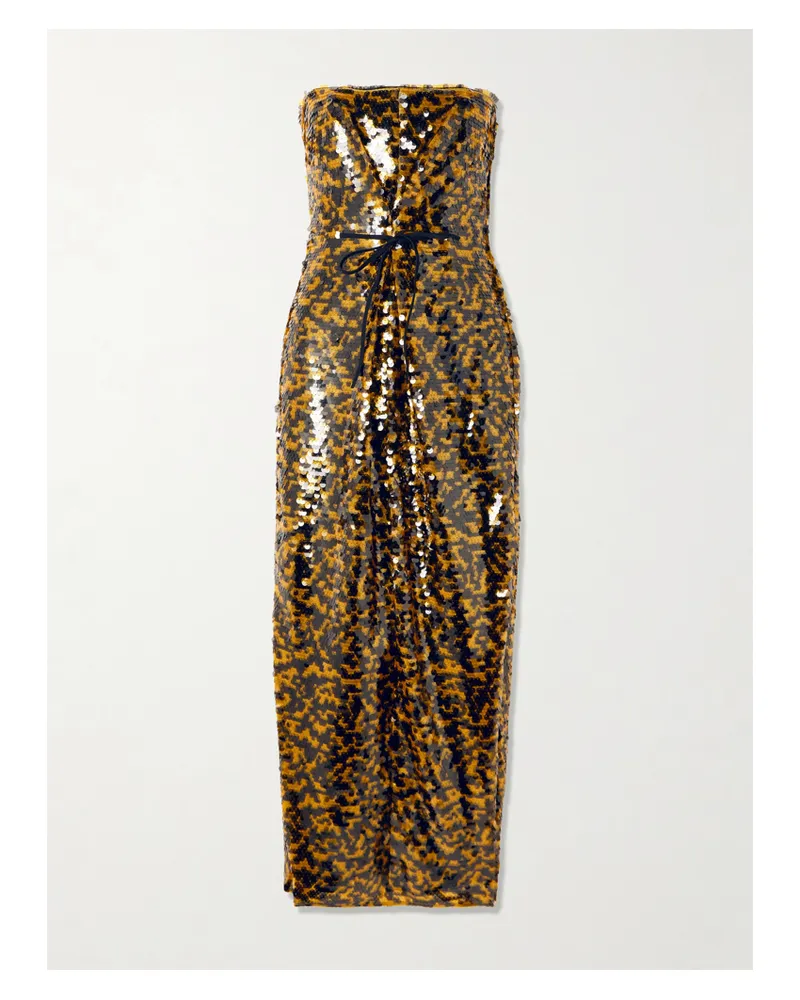 STAUD Cece Strapless Tie-detailed Sequined Tulle Midi Dress - Yellow Yellow