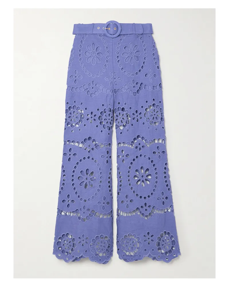 Zimmermann Pop Verkürzte Schlaghose Aus Leinen Mit Lochstickerei Und Gürtel - Blau Blau