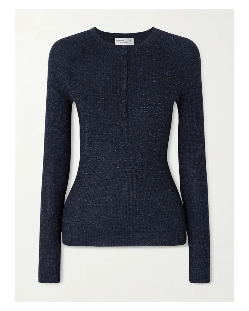 Gabriela Hearst Anges Ribbed Cashmere, Silk And Hemp-blend Henley Top - Blue Blue