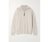 Bead-embellished Ribbed Cashmere Half-zip Sweater - Neutrals