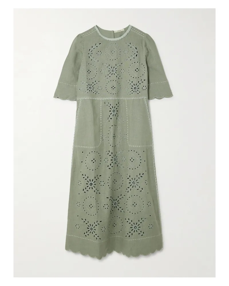 VITA KIN Sabrina Midikleid Aus Leinen Mit Lochstickerei Und Wellenkanten - Weiß Weiß