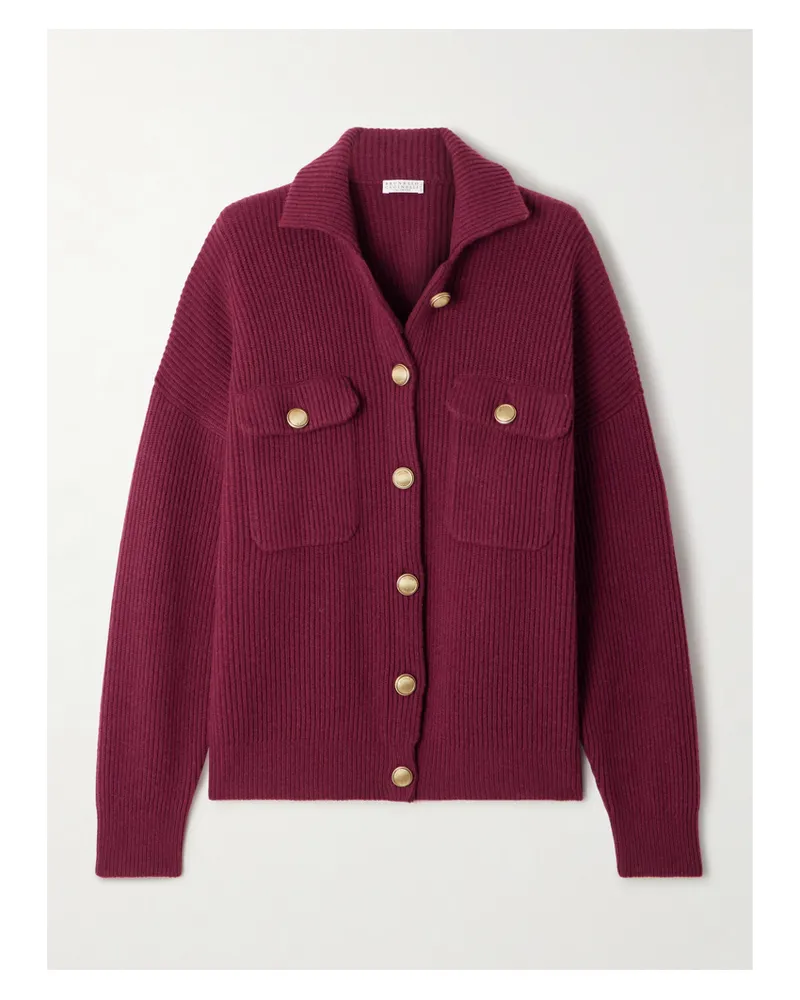 Brunello Cucinelli Cardigan Aus Einer Gerippten Mischung Aus Wolle, Kaschmir Und Seide - Burgunder Burgunder
