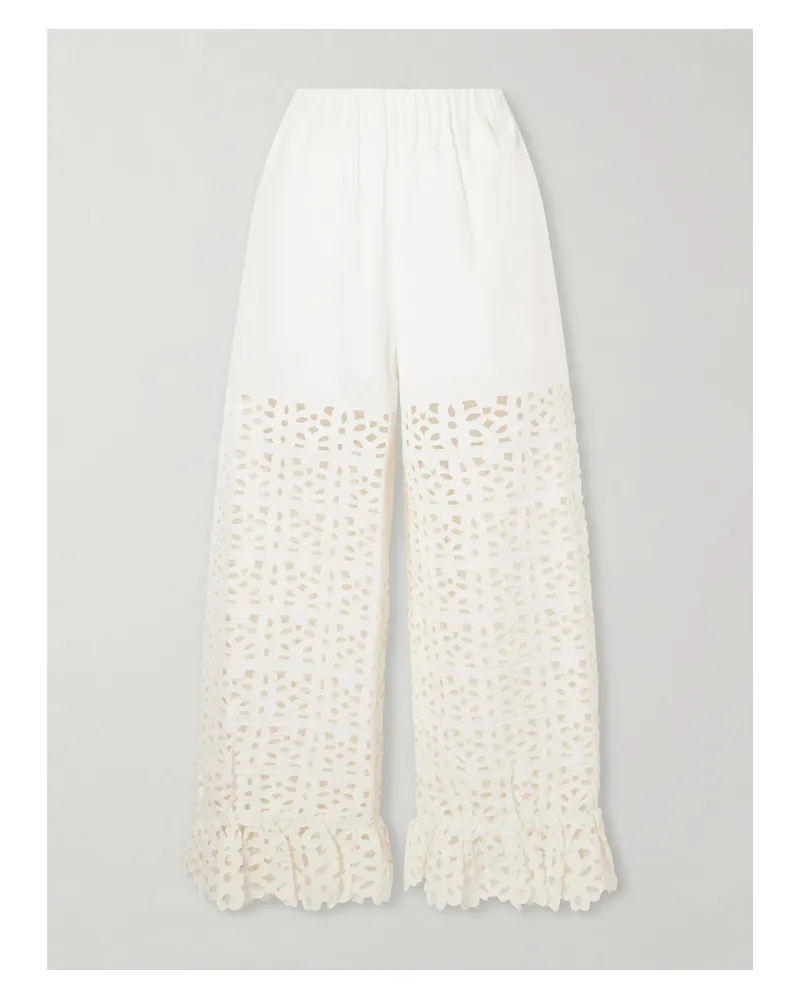 Sea Leila Broderie Anglaise-trimmed Cotton And Linen-blend Wide-leg Pants - White White