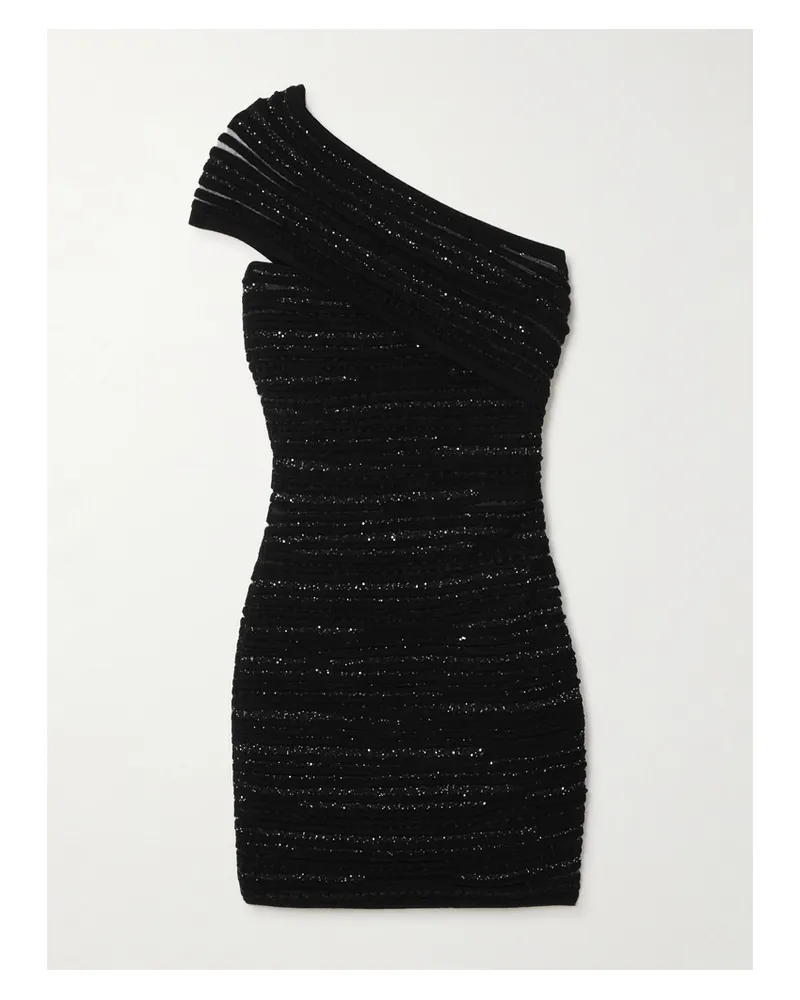 Balmain Asymmetrisches Minikleid Aus Rippstrick Mit Pailletten - Schwarz Schwarz