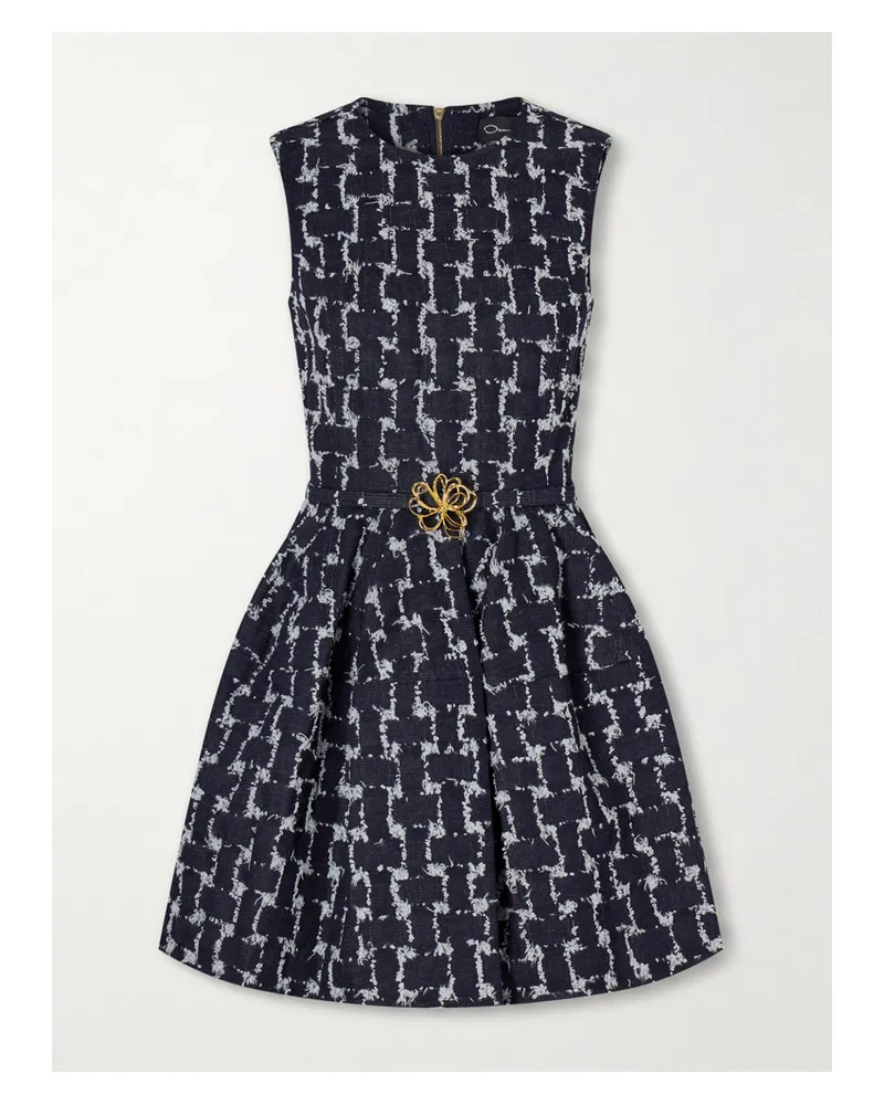 Oscar de la Renta Belted Frayed Checked Denim Mini Dress - Blue Blue