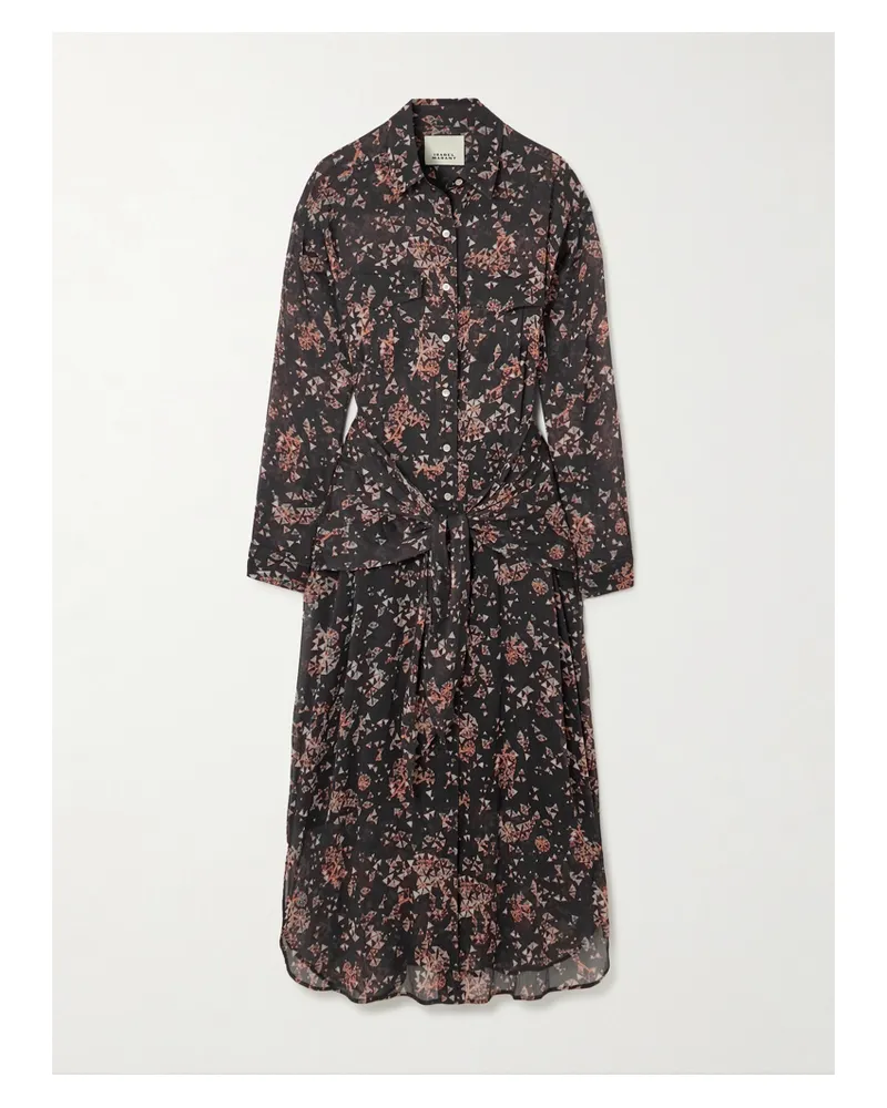 Isabel Marant Anesy Midi-hemdblusenkleid Aus Bedrucktem Krepon Aus Einer Baumwoll-seidenmischung Mit Raffungen - Schwarz Schwarz