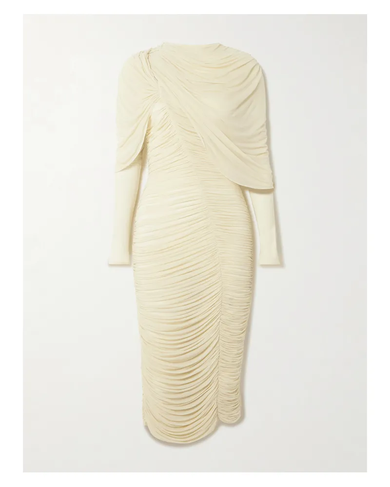 Magda Butrym Midikleid Aus Gerafftem Stretch-tüll Mit Cape-effekt - Creme Creme