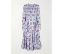 Belted Gathered Floral-print Silk-blend Midi Dress - Blue