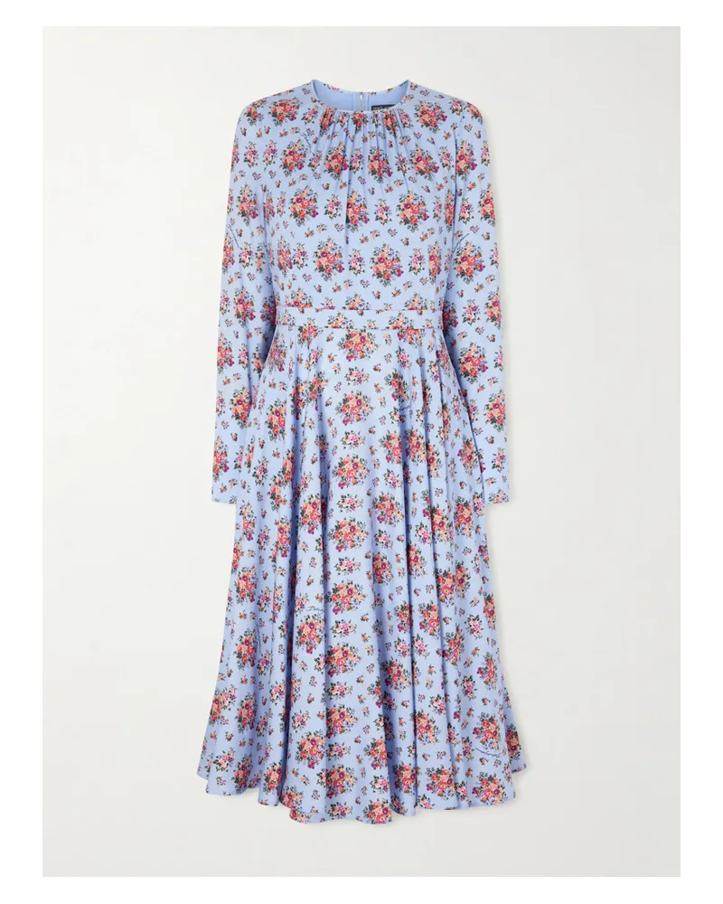 Dolce & Gabbana Belted Gathered Floral-print Silk-blend Midi Dress - Blue Blue