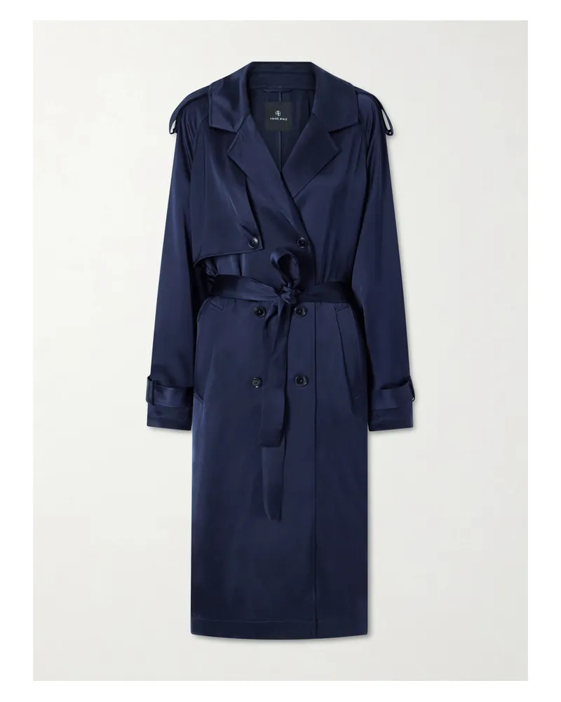 Anine Bing Rickie Double-breasted Belted Satin Trench Coat - Blue Blue