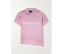 Cropped Distressed Logo-print Stretch-cotton Jersey T-shirt - Pink