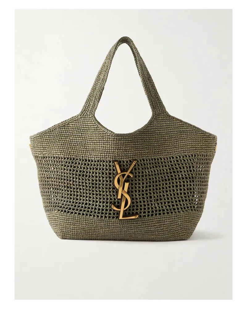 Saint Laurent Icare Maxi Leather-trimmed Raffia Tote - Green Green