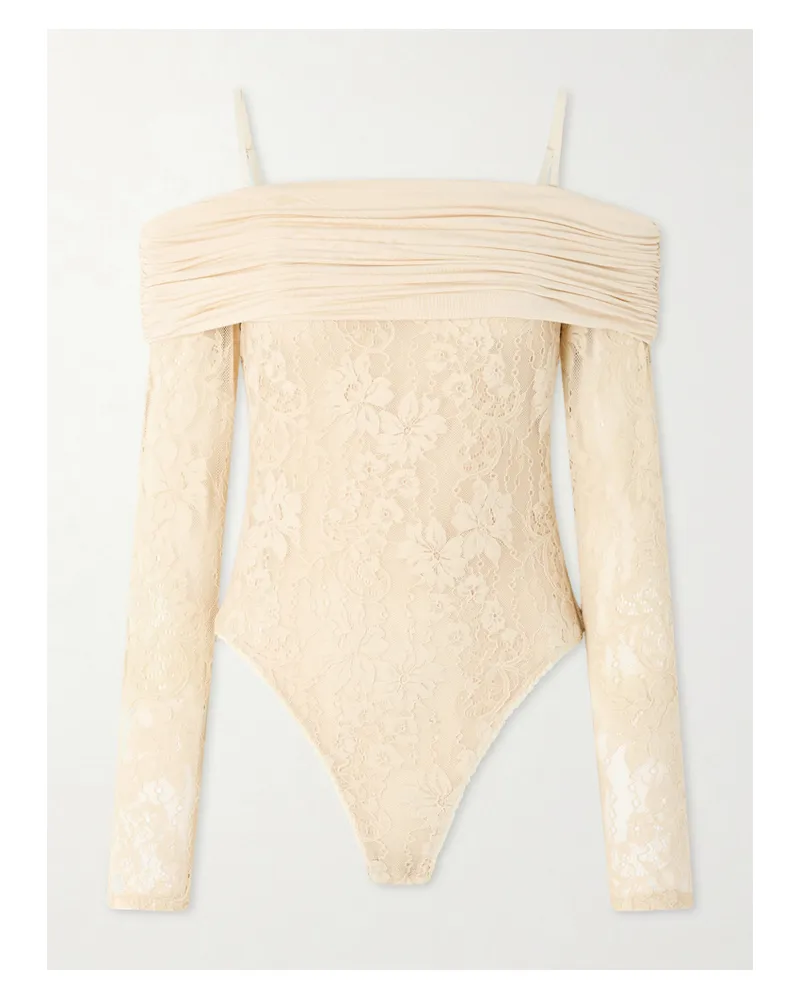 Zimmermann Off-the-shoulder Ruched Jersey And Stretch-lace Bodysuit - Cream Cream