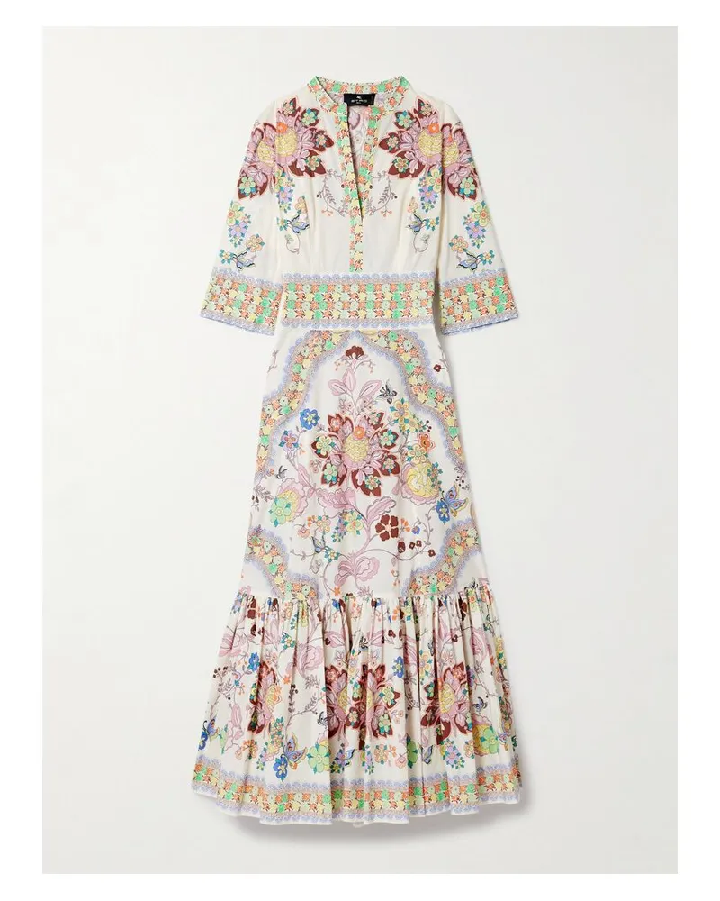 Etro Midikleid Aus Popeline Aus Einer Baumwollmischung Mit Blumenprint Und Raffungen - Wollweiß Wollweiß