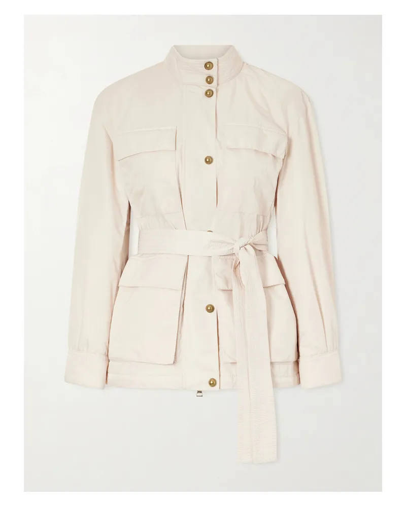 Moncler Maitake Appliquéd Belted Gabardine Jacket - Neutrals Neutrals