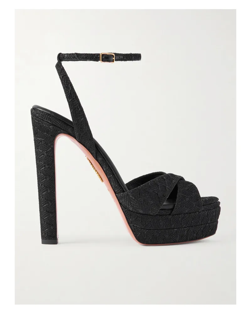 Aquazzura Divine Plateau 130 Metallic Woven Platform Sandals - Black Black