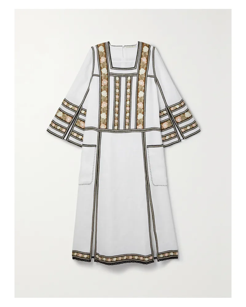VITA KIN Yelena Besticktes Midikleid Aus Leinengaze Mit Häkelbesätzen - Weiß Weiß