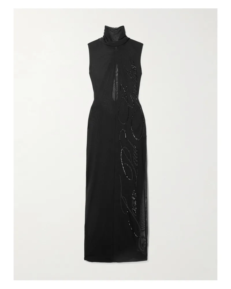 Jean Paul Gaultier Neckholder-maxikleid Aus Tüll Mit Pailletten, Raffungen Und Verzierung - Schwarz Schwarz