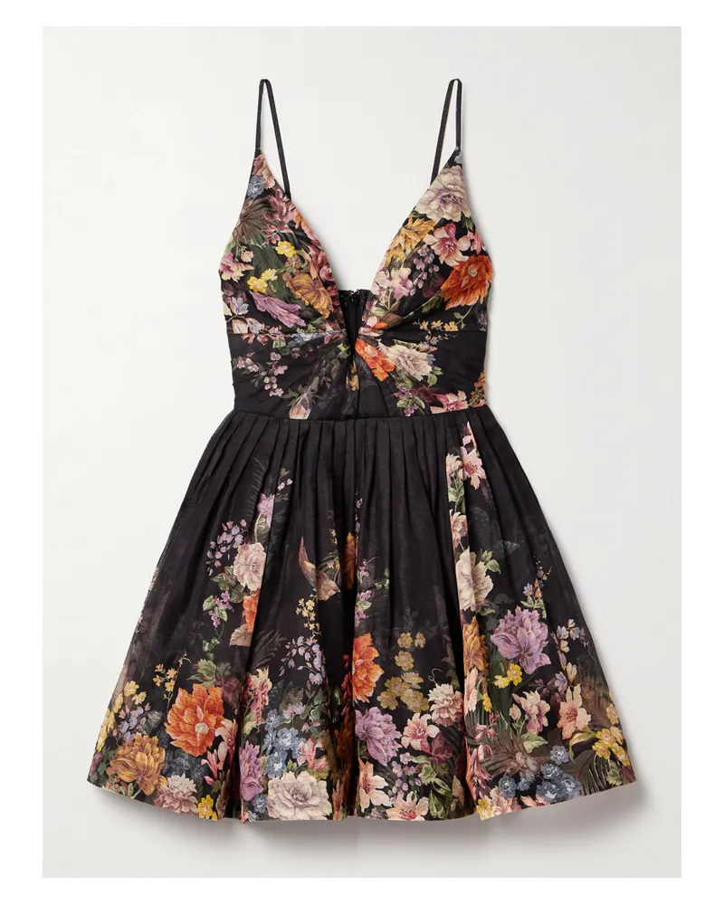 Zimmermann Pavilion Minikleid Aus Einer Leinen-seidenmischung Mit Falten Und Blumenprint - Schwarz Schwarz