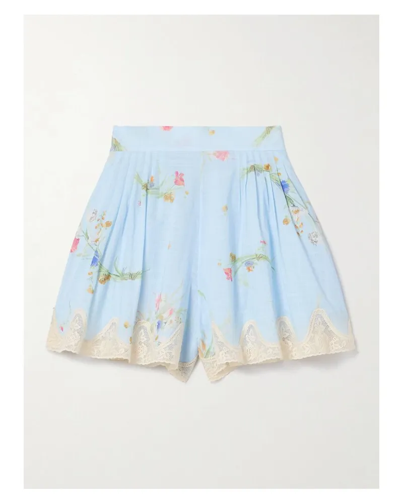 Zimmermann Lucky Shorts Aus Baumwoll-voile Mit Blumenprint, Falten Und Spitzenbesätzen - Blau Blau