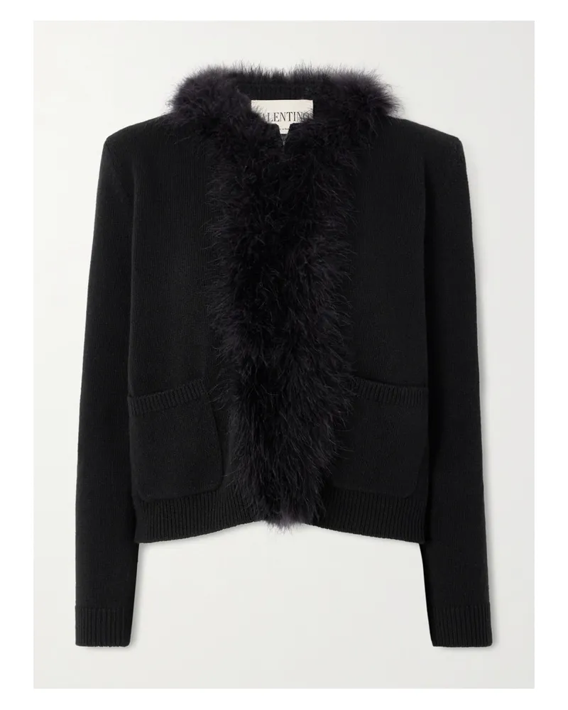 Valentino Garavani Feather-trimmed Wool Cardigan - Black Black