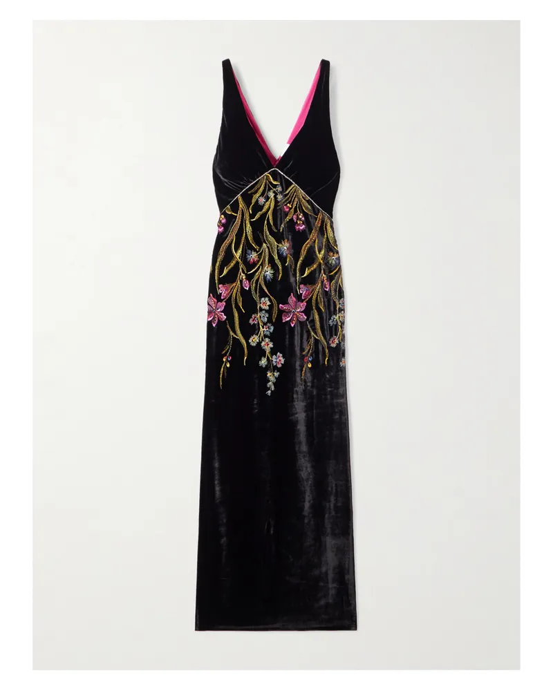 Loretta Caponi Zaffiro Embroidered Crystal-embellished Velvet Midi Dress - Black Black