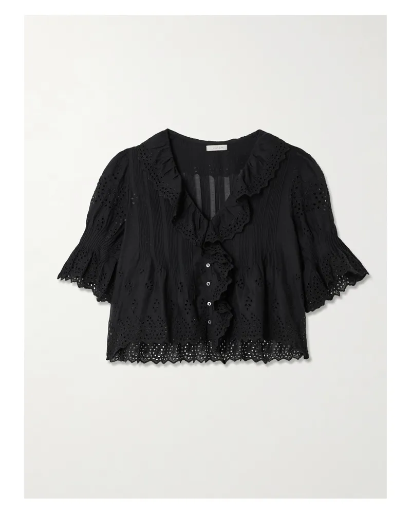 DÔEN Henri Cropped Ruffled Pintucked Broderie Anglaise Cotton Top - Black Black