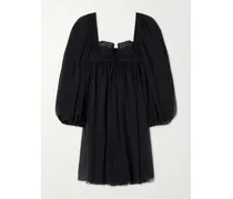 Pleated Lace-trimmed Silk And Cotton-blend Voile Mini Dress - Black