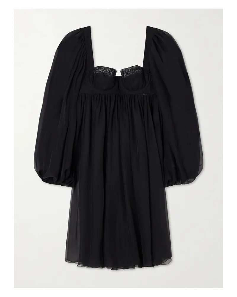 Dolce & Gabbana Pleated Lace-trimmed Silk And Cotton-blend Voile Mini Dress - Black Black