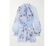 Playsuit Aus Crêpe Mit Blumenprint, Rüschen Und Bindegürtel - Lila