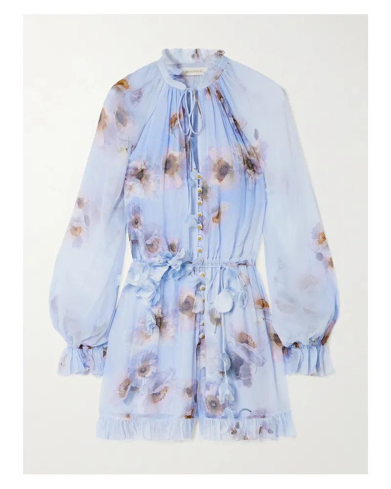 Zimmermann Playsuit Aus Crêpe Mit Blumenprint, Rüschen Und Bindegürtel - Lila Lila
