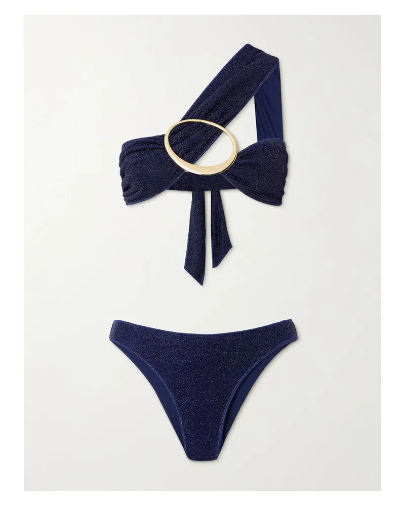 Oséree Lumière Maxi O Asymmetrischer Bikini In Metallic-optik Mit Verzierung - Blau Blau