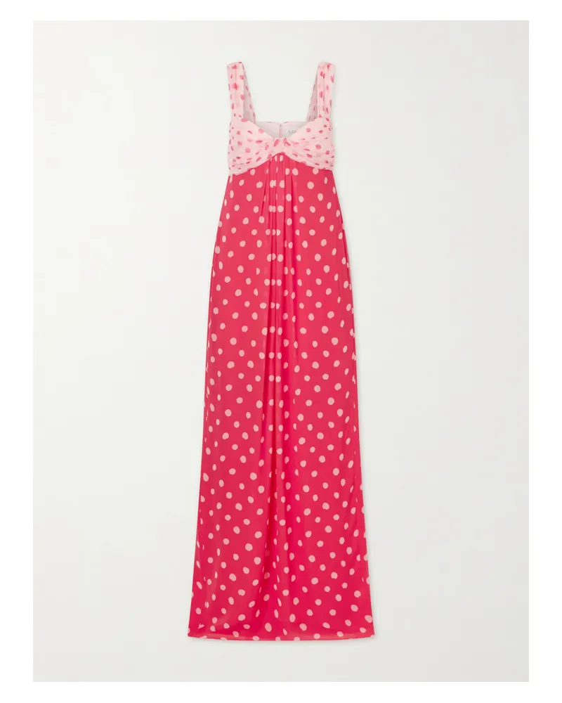 Saloni Chani Pleated Polka-dot Crepon-trimmed Silk-chiffon Midi Dress - Pink Pink