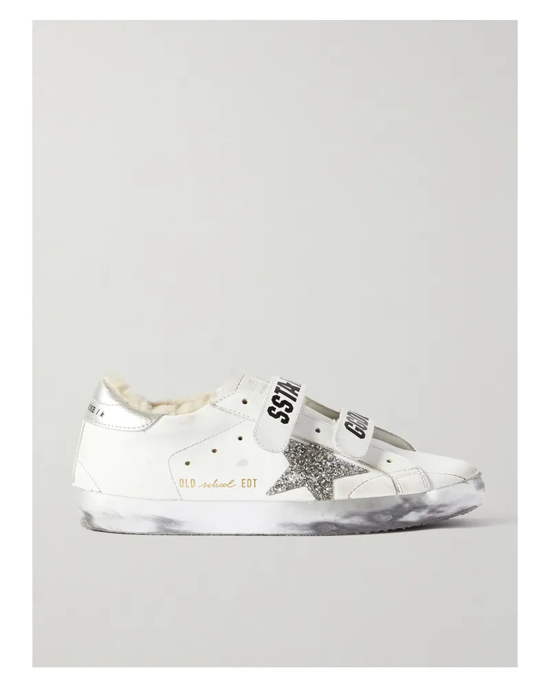 Golden Goose Old School Sneakers Aus Leder In Distressed-optik Mit Shearling-besatz Und Glitter-details - Weiß Weiß
