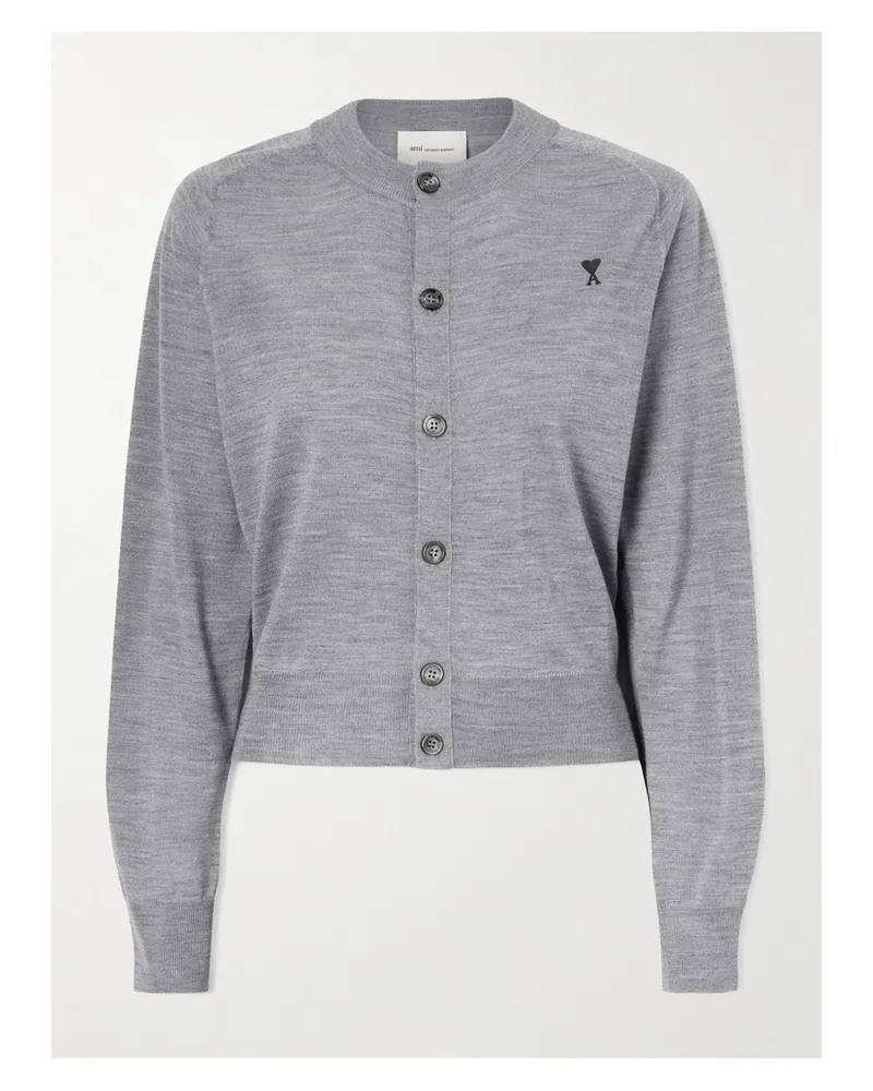 AMI Paris Embroidered Wool Cardigan - Gray Gray
