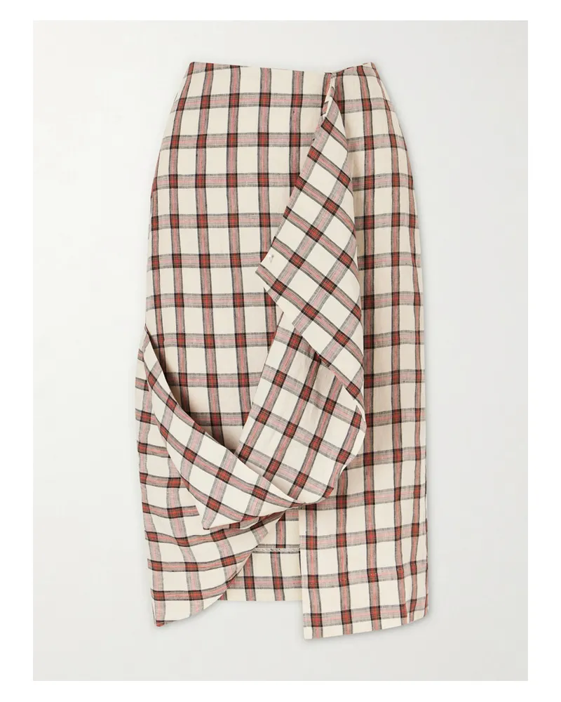 Róhe Draped Checked Linen Midi Skirt - Brown Brown