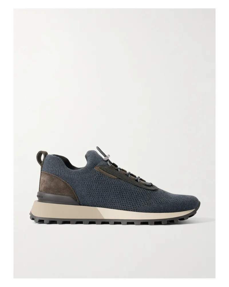 Brunello Cucinelli Bead-embellished Suede-trimmed Wool-blend Sneakers - Blue Blue