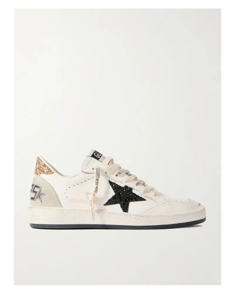 Golden Goose Ball Star Distressed Glittered Suede-trimmed Leather Sneakers - White White
