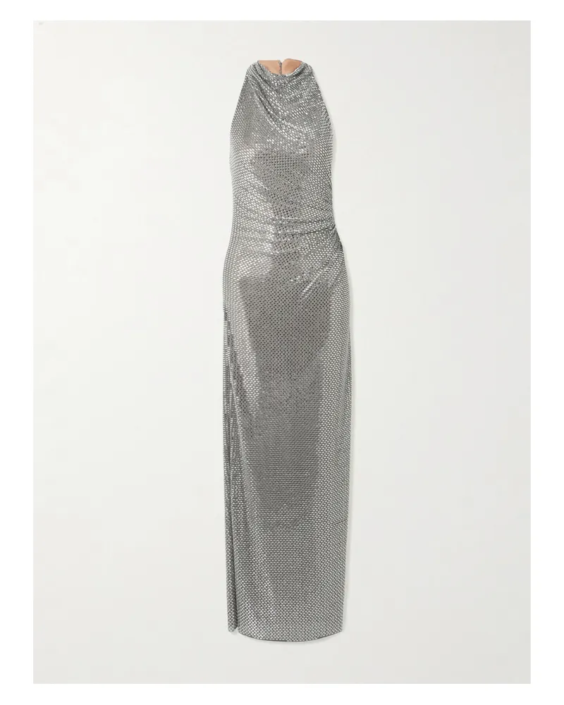 Self-Portrait Embellished Draped Mesh Halterneck Maxi Dress - Gray Gray