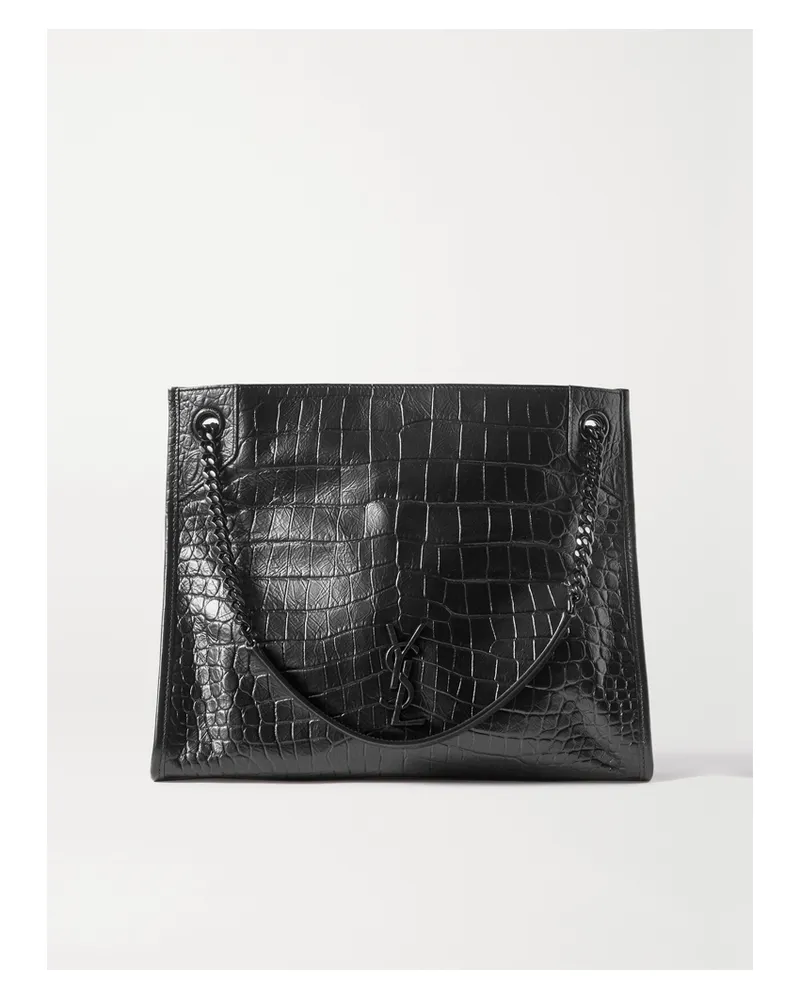 Saint Laurent Niki Medium Crinkled Croc-effect Leather Tote - Black Black