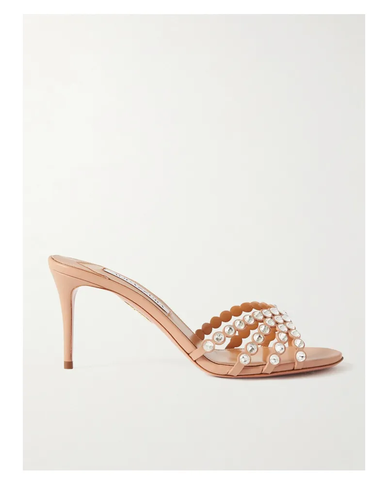 Aquazzura Tequila 75 Crystal-embellished Leather Mules - Neutrals Neutrals