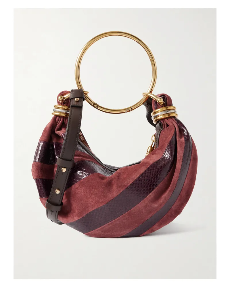Chloé Bracelet Embellished Suede And Snake-effect Leather Shoulder Bag - Burgundy Burgundy